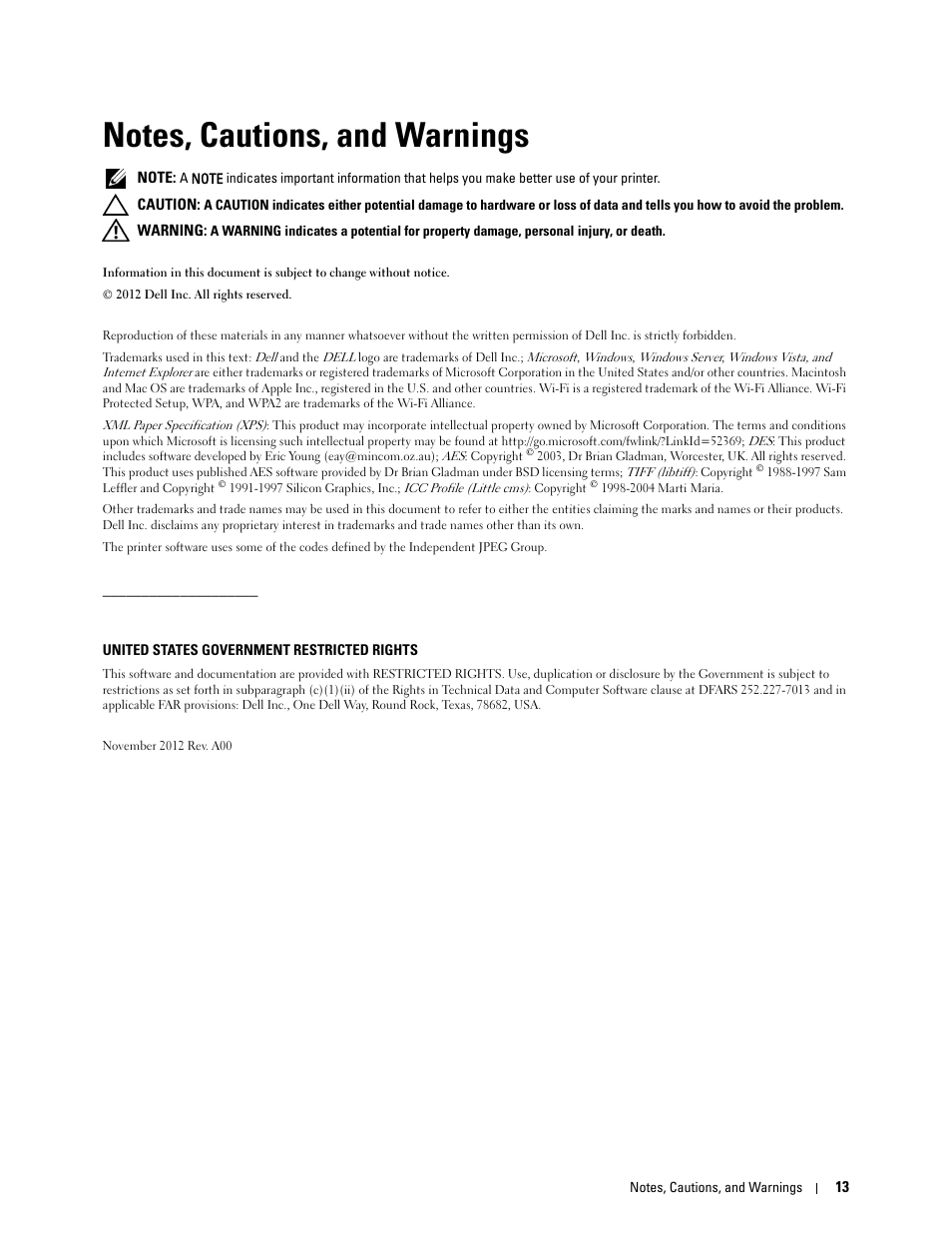 Notes, cautions, and warnings, A notes, cautions, and warnings | Dell C1760NW Color Laser Printer User Manual | Page 15 / 240