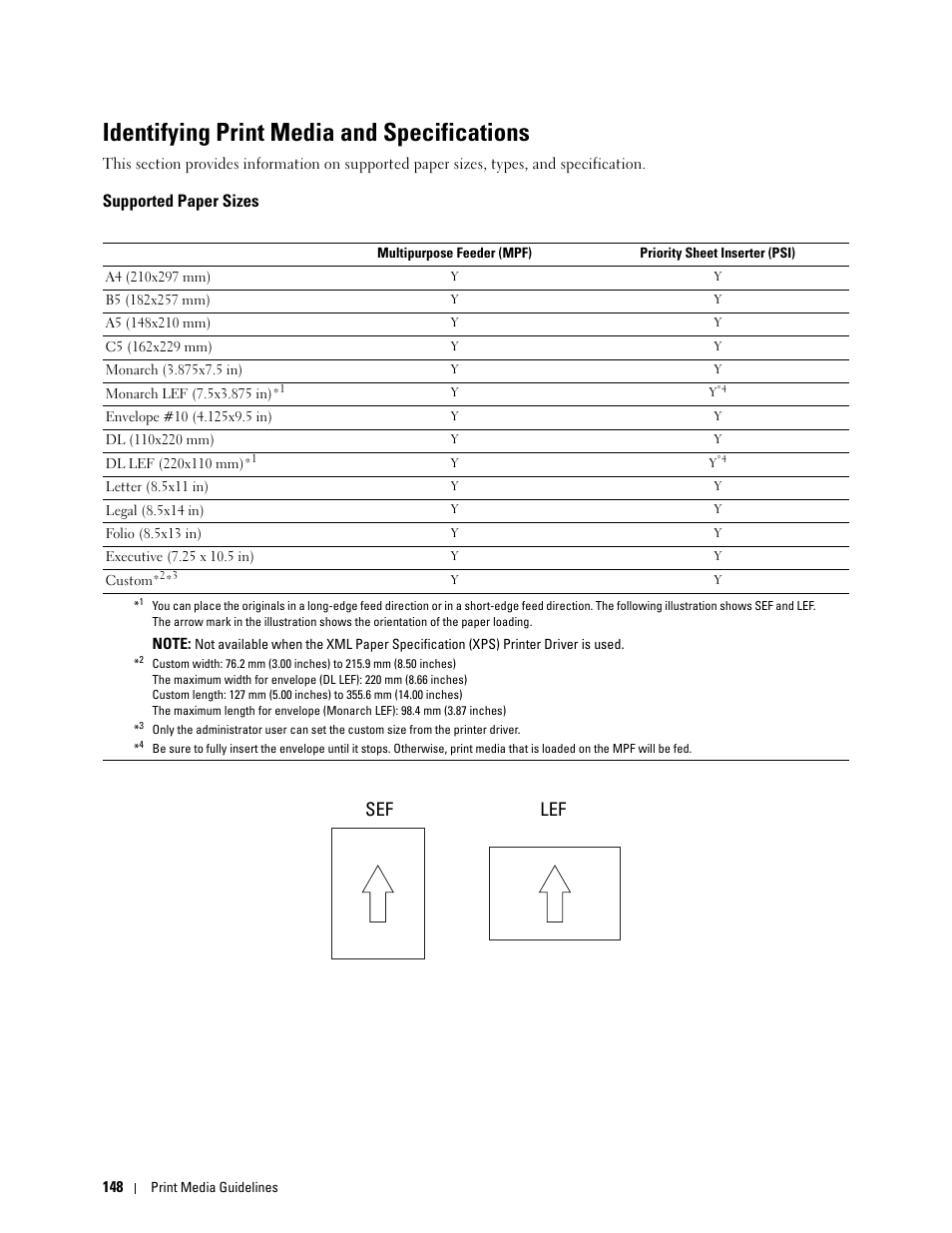 Identifying print media and specifications, Supported paper sizes, Sef lef | Dell C1760NW Color Laser Printer User Manual | Page 150 / 240
