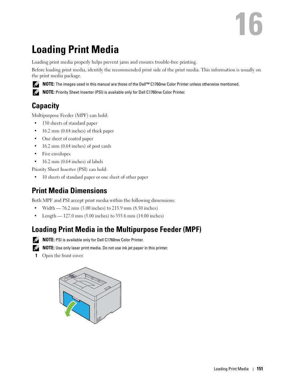 Loading print media, Capacity, Print media dimensions | 16 loading print media, See "loading print media in the | Dell C1760NW Color Laser Printer User Manual | Page 153 / 240
