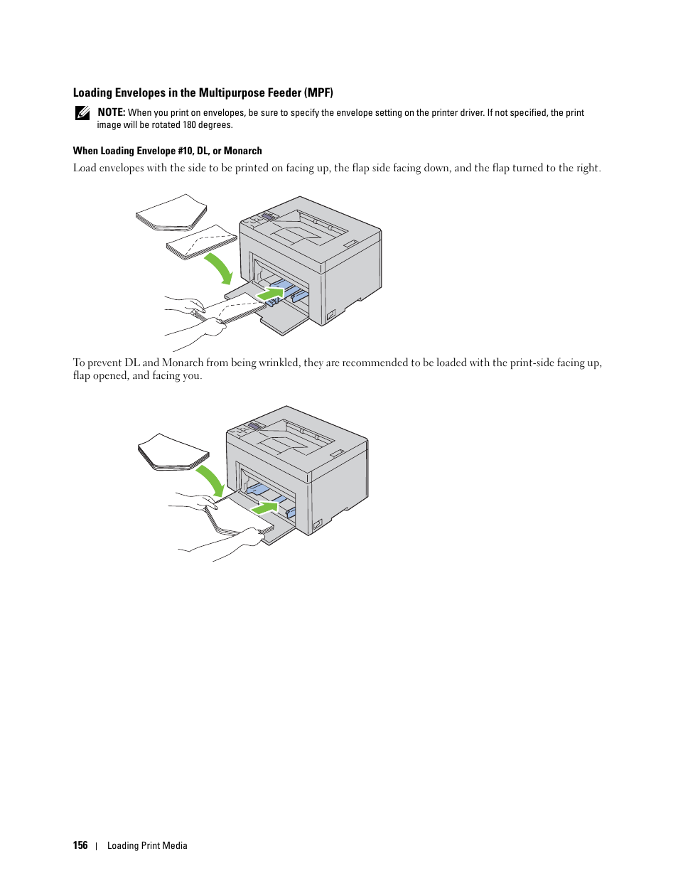 Loading envelopes in the multipurpose feeder (mpf) | Dell C1760NW Color Laser Printer User Manual | Page 158 / 240