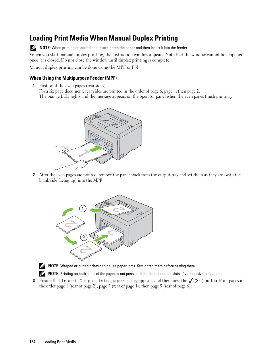 Loading print media when manual duplex printing, When using the multipurpose feeder (mpf), Loading print media when | Dell C1760NW Color Laser Printer User Manual | Page 166 / 240