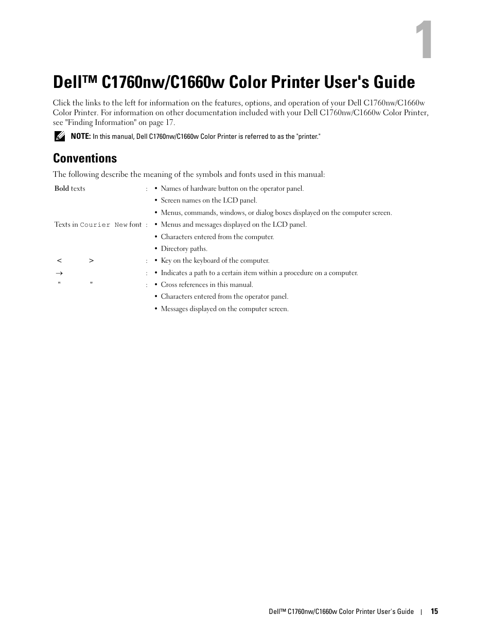 Dell™ c1760nw/c1660w color printer user's guide, Conventions, 1 dell™ c1760nw/c1660w color printer user's guide | Dell C1760NW Color Laser Printer User Manual | Page 17 / 240