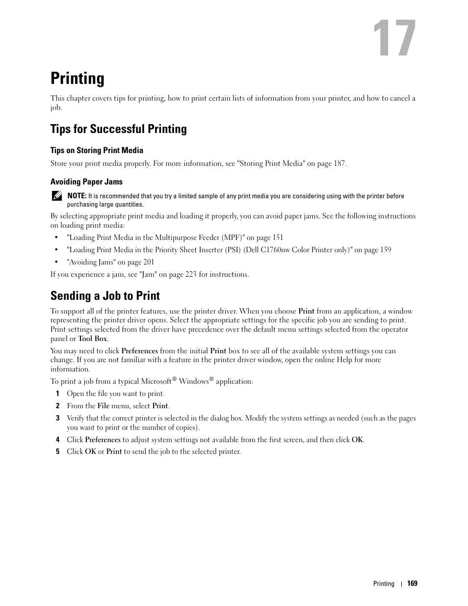Printing, Tips for successful printing, Tips on storing print media | Avoiding paper jams, Sending a job to print | Dell C1760NW Color Laser Printer User Manual | Page 171 / 240
