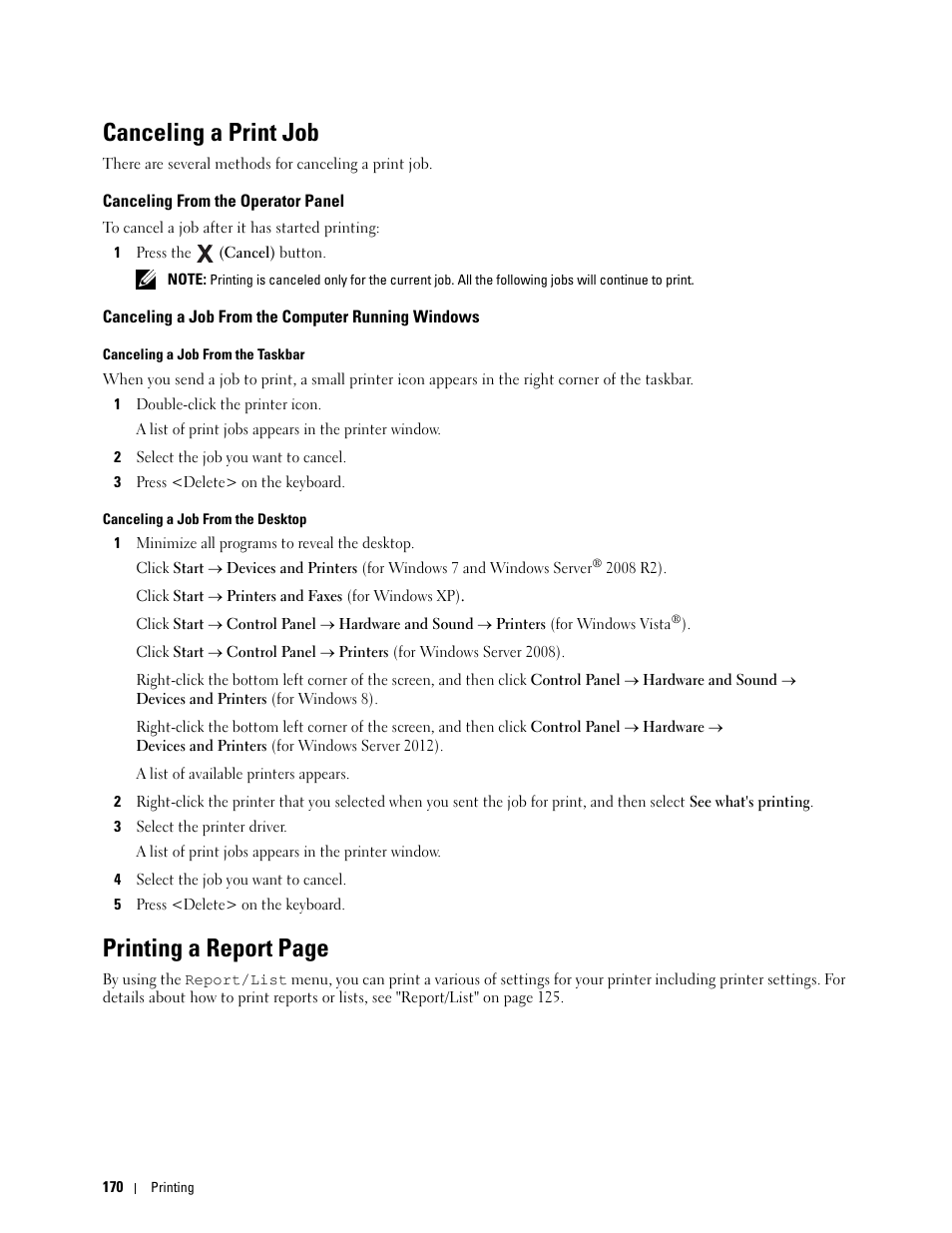 Canceling a print job, Canceling from the operator panel, Canceling a job from the computer running windows | Printing a report page | Dell C1760NW Color Laser Printer User Manual | Page 172 / 240