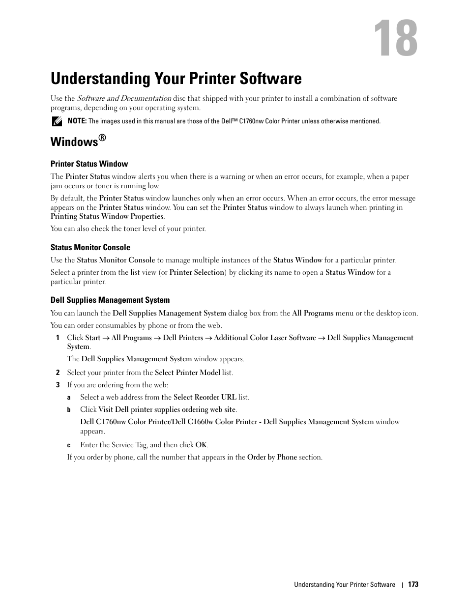 Understanding your printer software, Windows, Printer status window | Status monitor console, Dell supplies management system | Dell C1760NW Color Laser Printer User Manual | Page 175 / 240