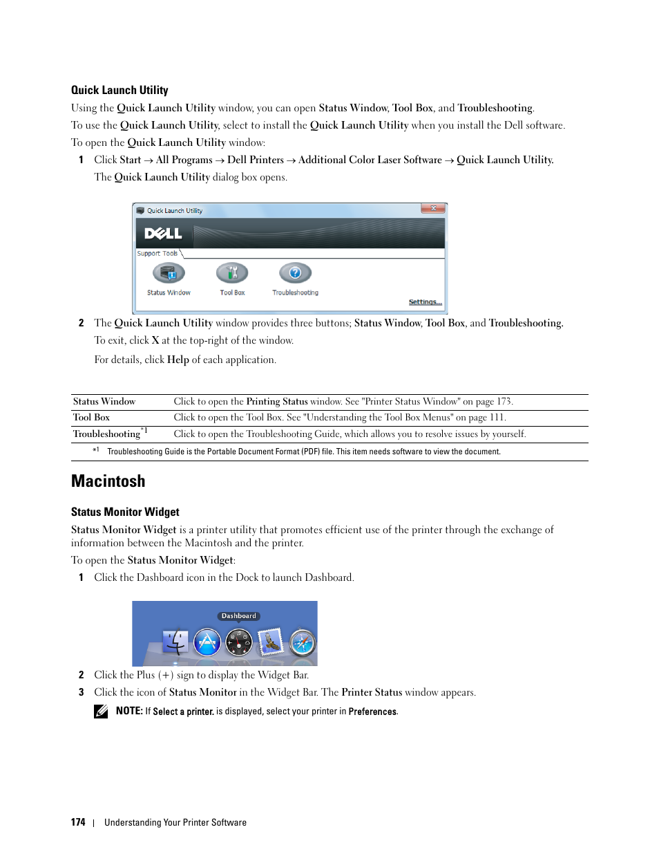 Quick launch utility, Macintosh, Status monitor widget | Dell C1760NW Color Laser Printer User Manual | Page 176 / 240