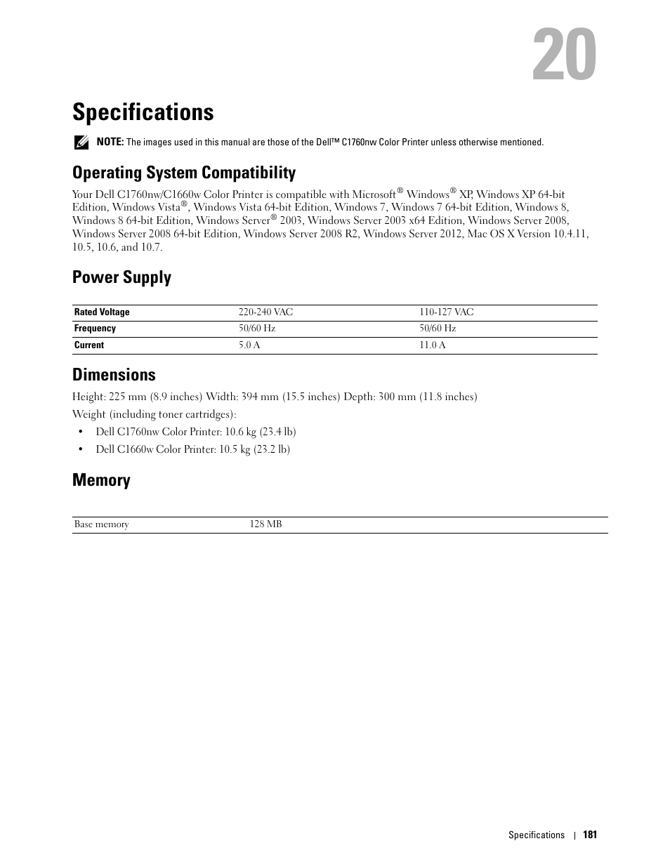 Specifications, Operating system compatibility, Power supply | Dimensions, Memory, Power supply dimensions | Dell C1760NW Color Laser Printer User Manual | Page 183 / 240