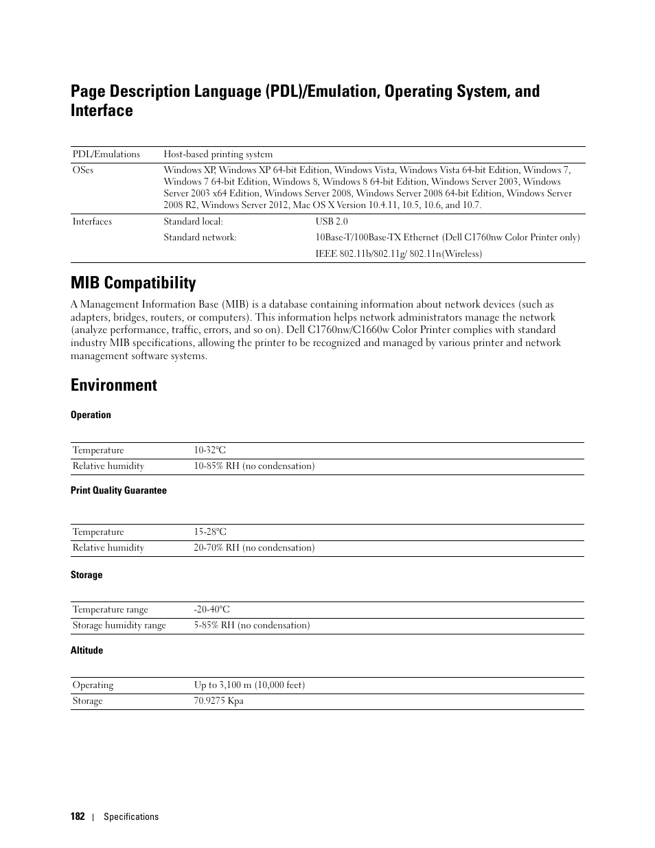 Mib compatibility, Environment | Dell C1760NW Color Laser Printer User Manual | Page 184 / 240
