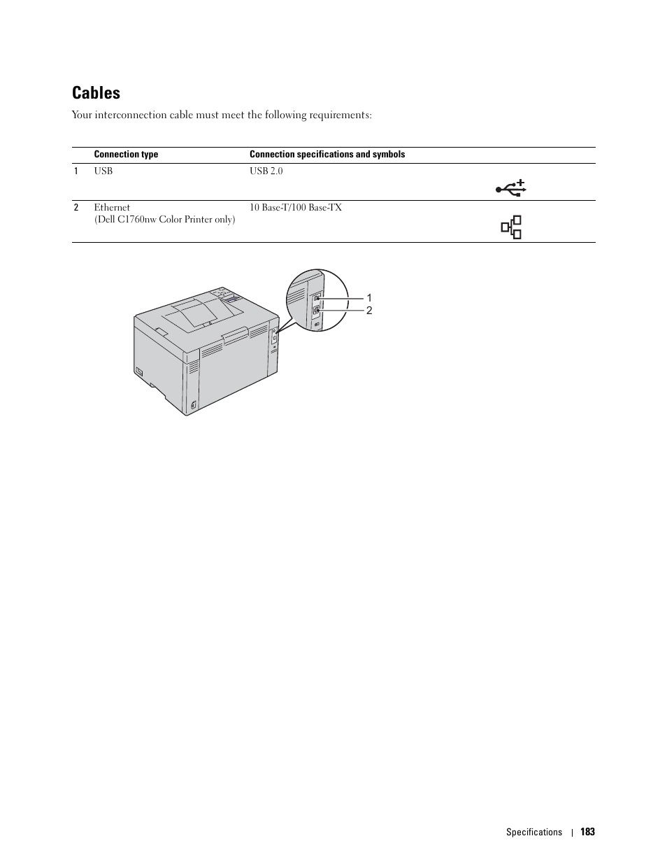 Cables | Dell C1760NW Color Laser Printer User Manual | Page 185 / 240