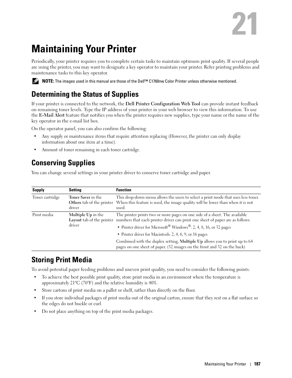 Maintaining your printer, Determining the status of supplies, Conserving supplies | Storing print media | Dell C1760NW Color Laser Printer User Manual | Page 189 / 240