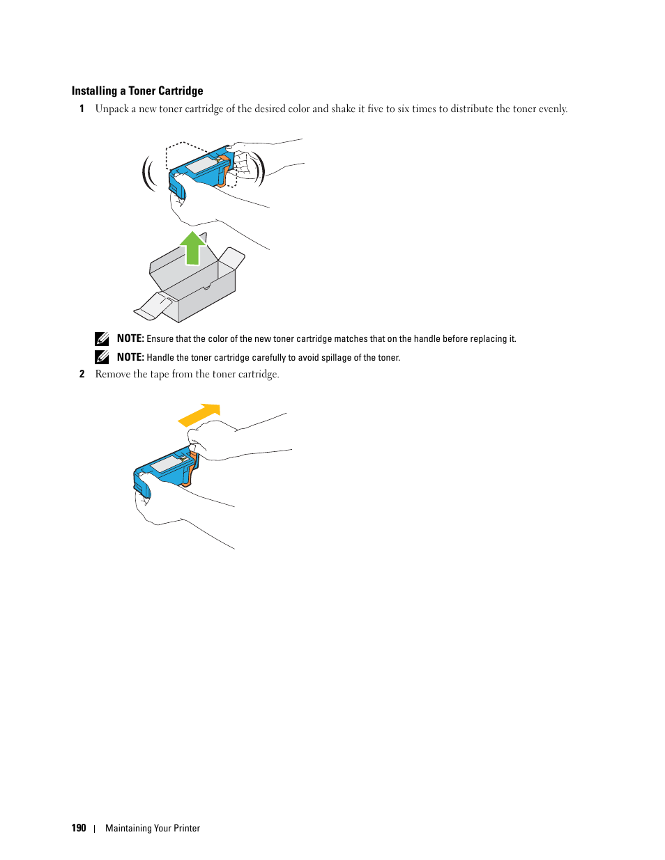 Installing a toner cartridge | Dell C1760NW Color Laser Printer User Manual | Page 192 / 240