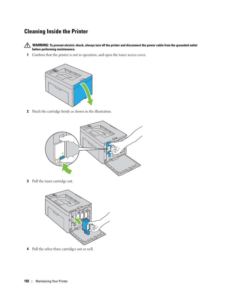 Cleaning inside the printer | Dell C1760NW Color Laser Printer User Manual | Page 194 / 240