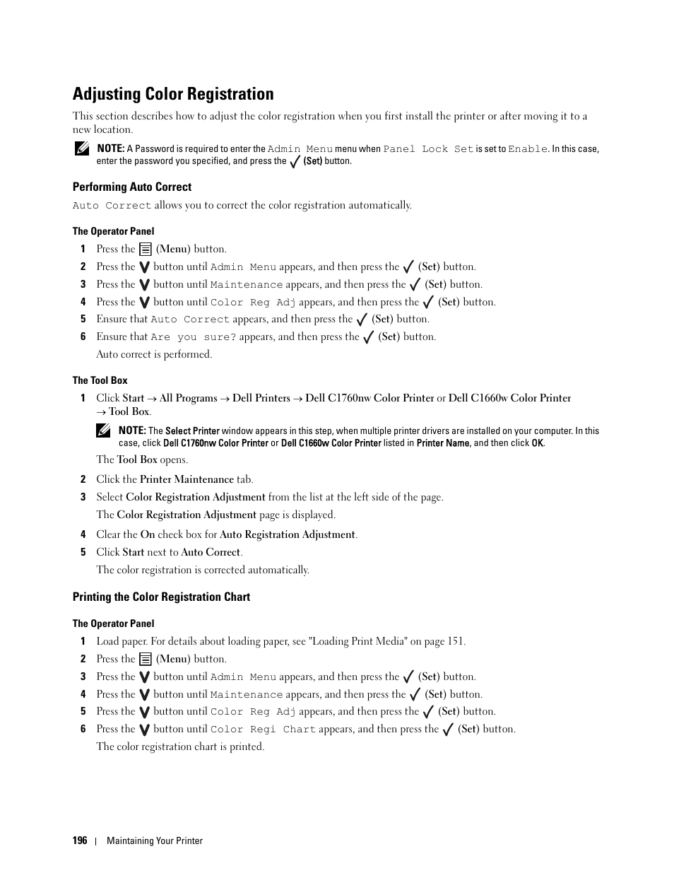Adjusting color registration, Performing auto correct, Printing the color registration chart | Dell C1760NW Color Laser Printer User Manual | Page 198 / 240