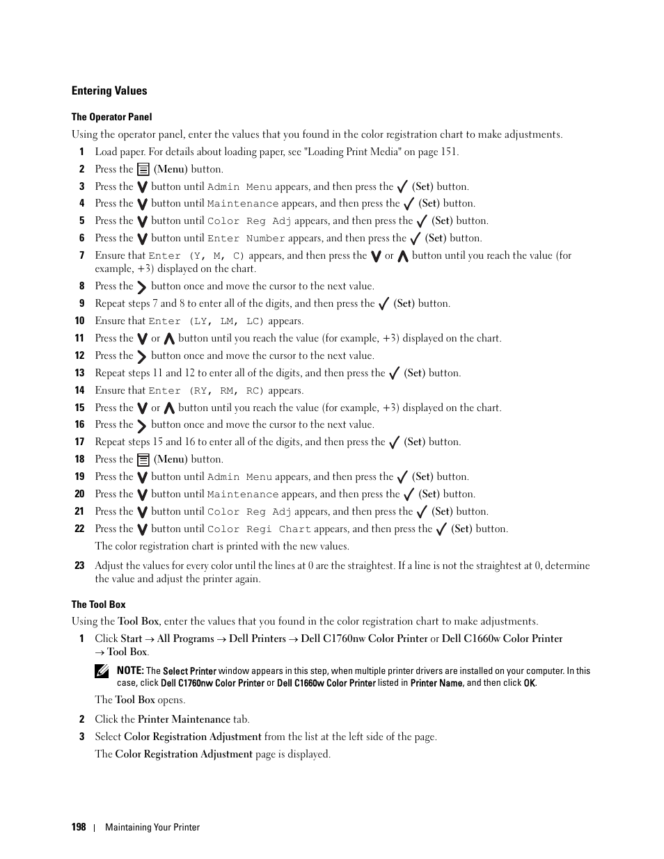 Entering values | Dell C1760NW Color Laser Printer User Manual | Page 200 / 240