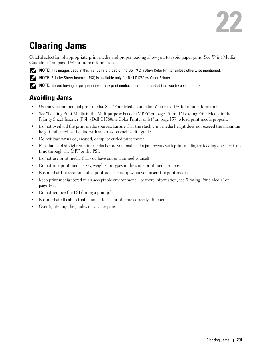 Clearing jams, Avoiding jams | Dell C1760NW Color Laser Printer User Manual | Page 203 / 240