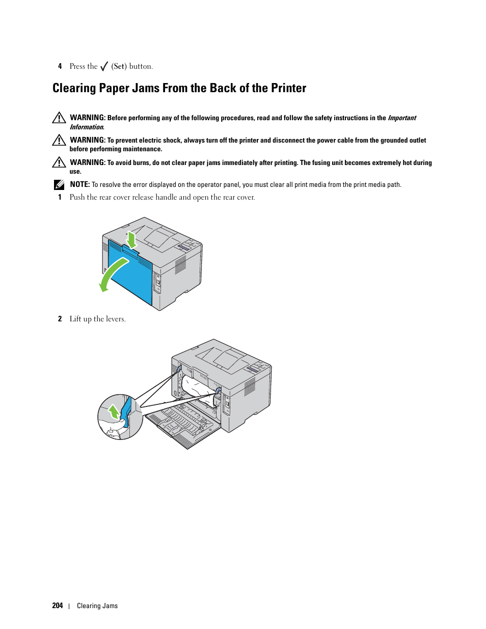 Clearing paper jams from the back of the printer | Dell C1760NW Color Laser Printer User Manual | Page 206 / 240