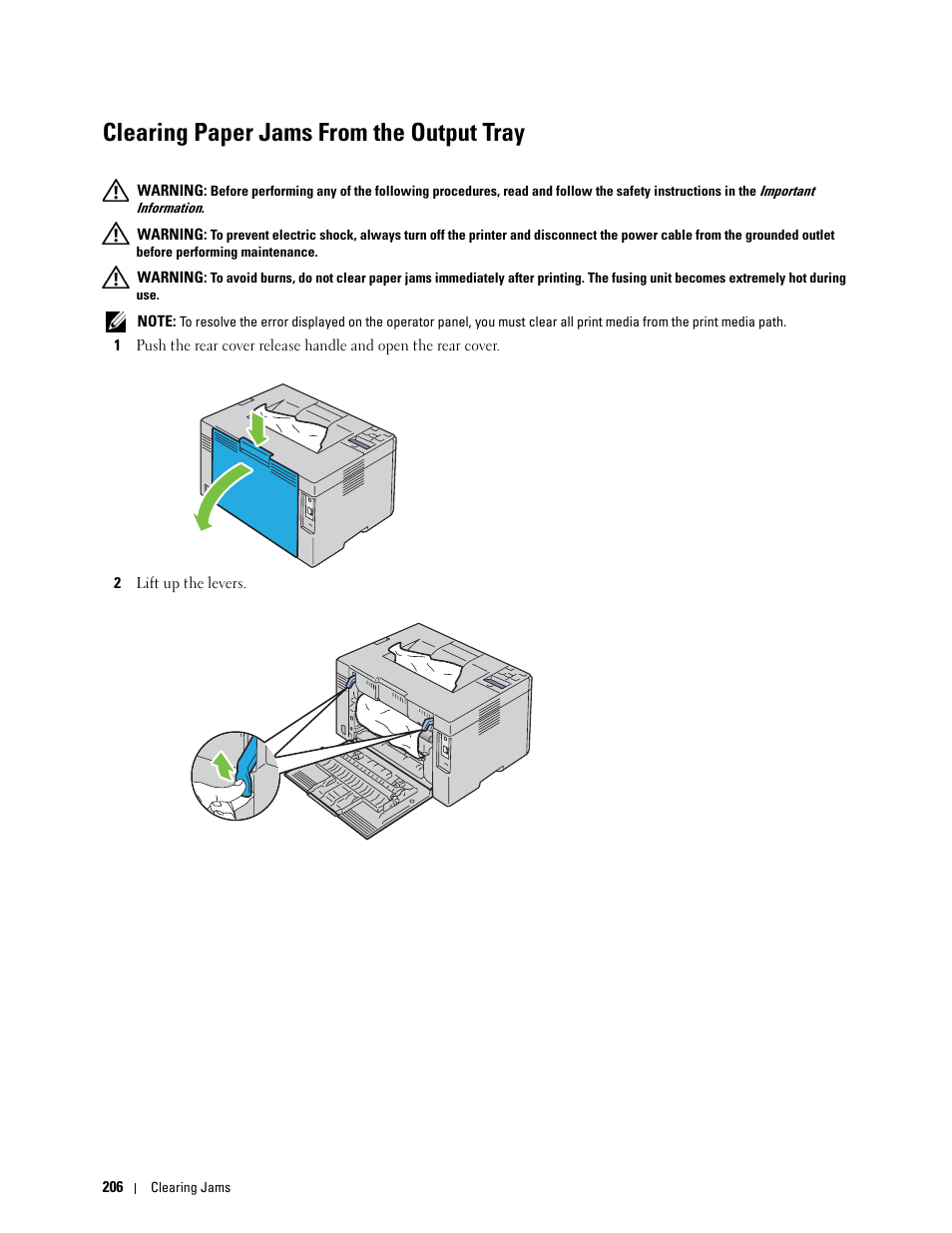 Clearing paper jams from the output tray | Dell C1760NW Color Laser Printer User Manual | Page 208 / 240