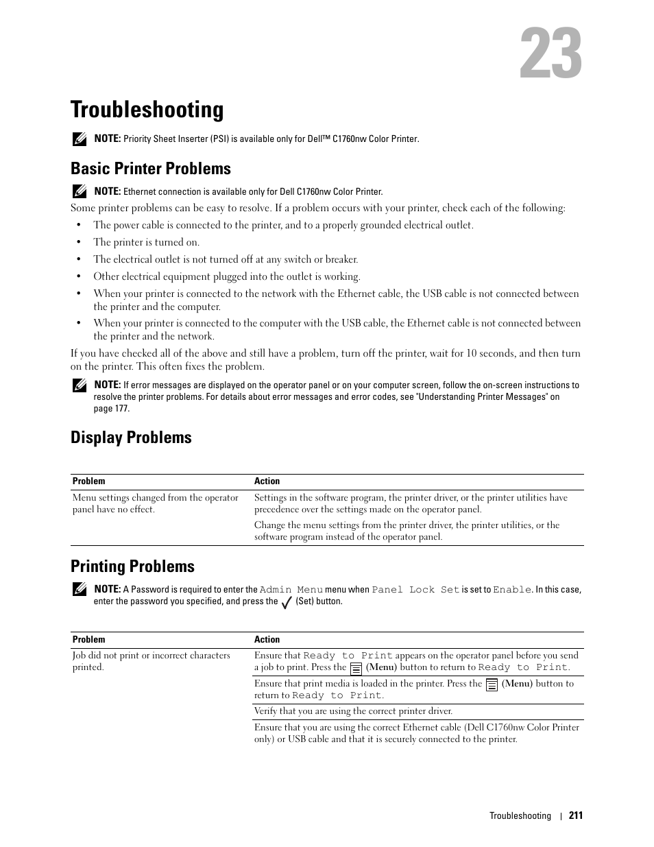 Troubleshooting, Basic printer problems, Display problems | Printing problems, Display problems printing problems | Dell C1760NW Color Laser Printer User Manual | Page 213 / 240