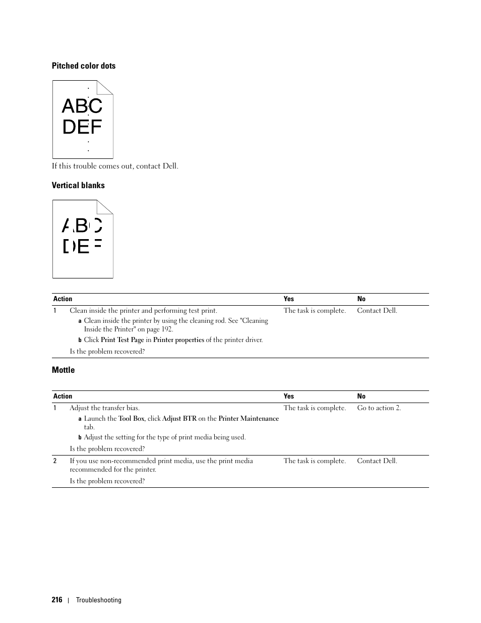 Pitched color dots, Vertical blanks, Mottle | Dell C1760NW Color Laser Printer User Manual | Page 218 / 240