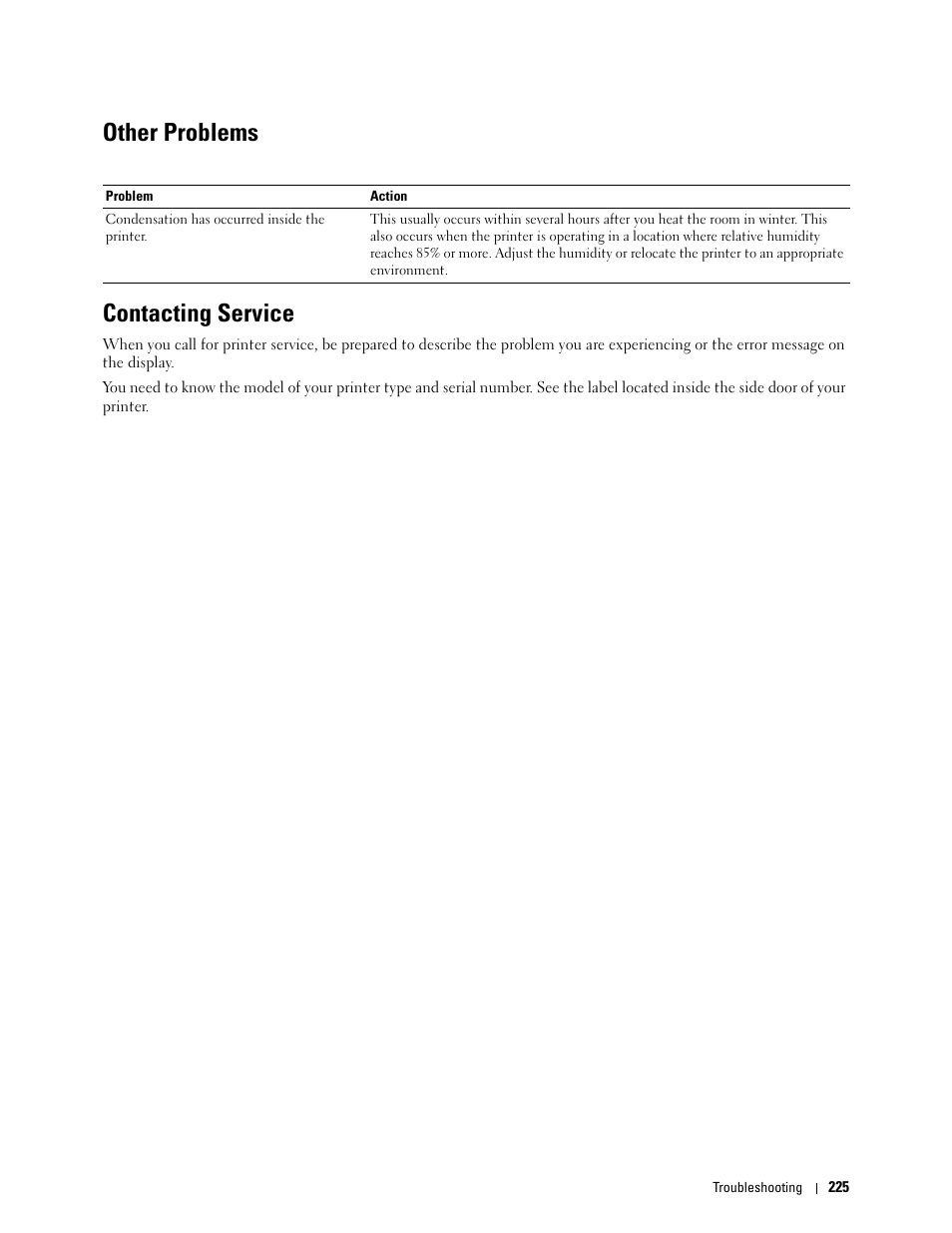 Other problems, Contacting service, Other problems contacting service | Dell C1760NW Color Laser Printer User Manual | Page 227 / 240