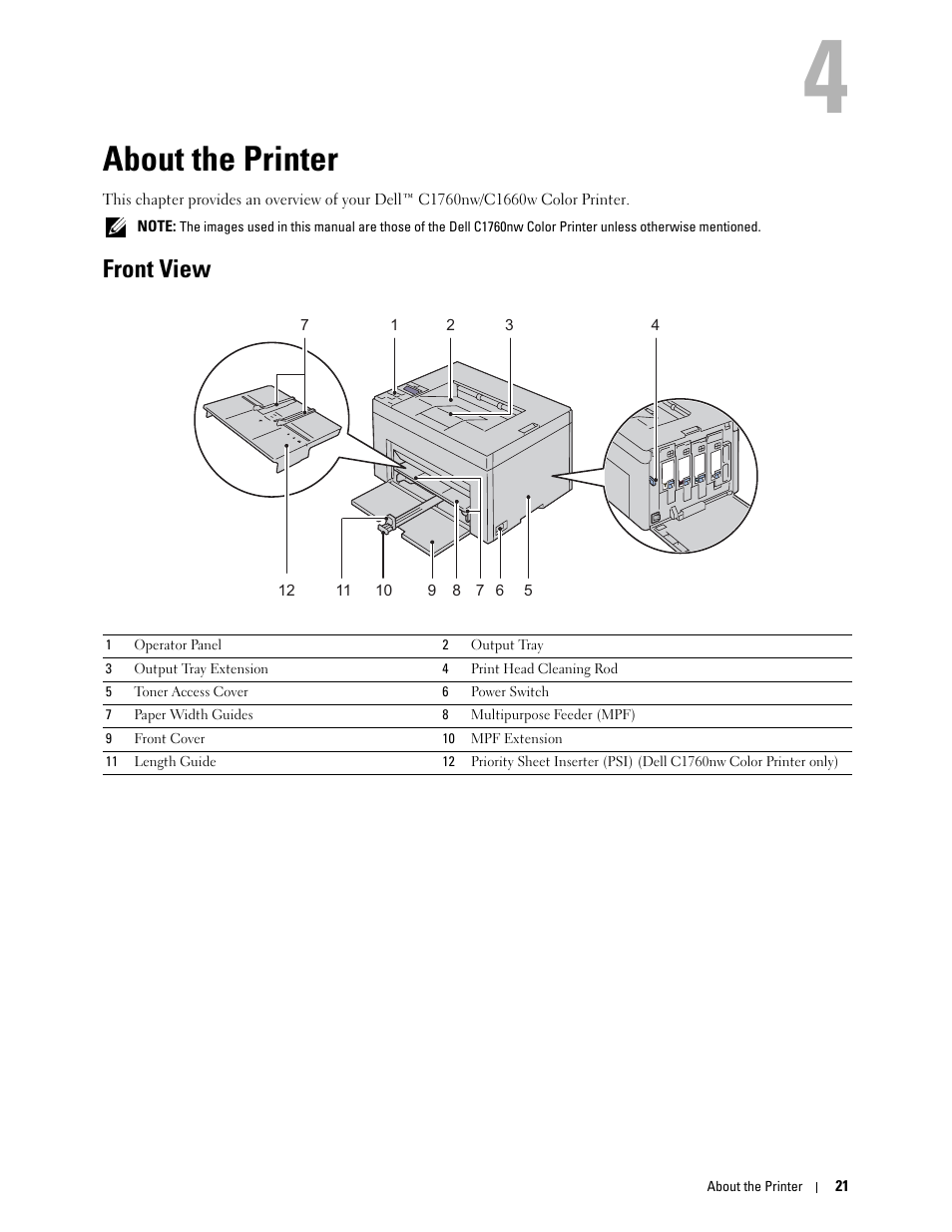 About the printer, Front view, 4 about the printer | Dell C1760NW Color Laser Printer User Manual | Page 23 / 240