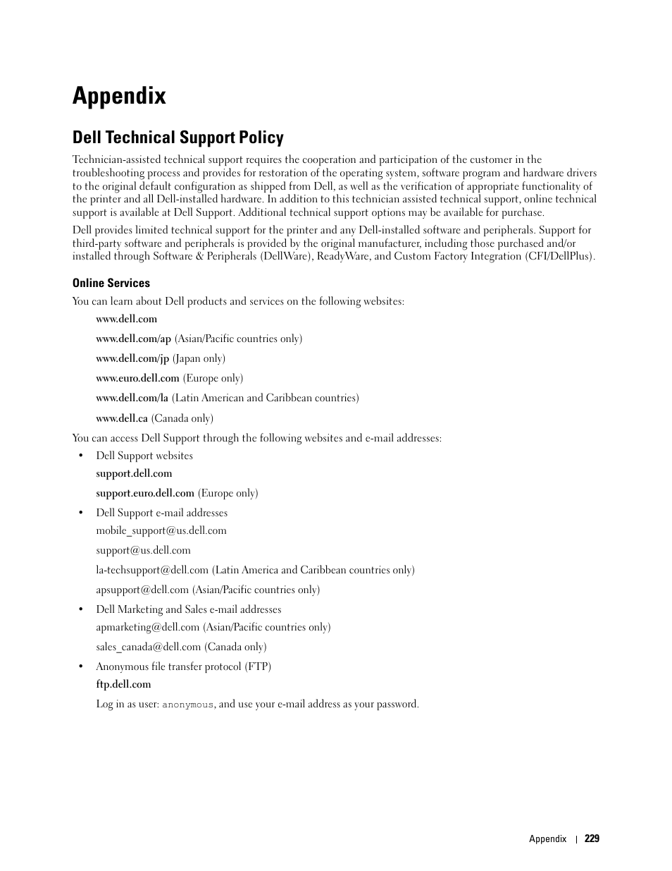 Appendix, Dell technical support policy, Online services | B appendix | Dell C1760NW Color Laser Printer User Manual | Page 231 / 240