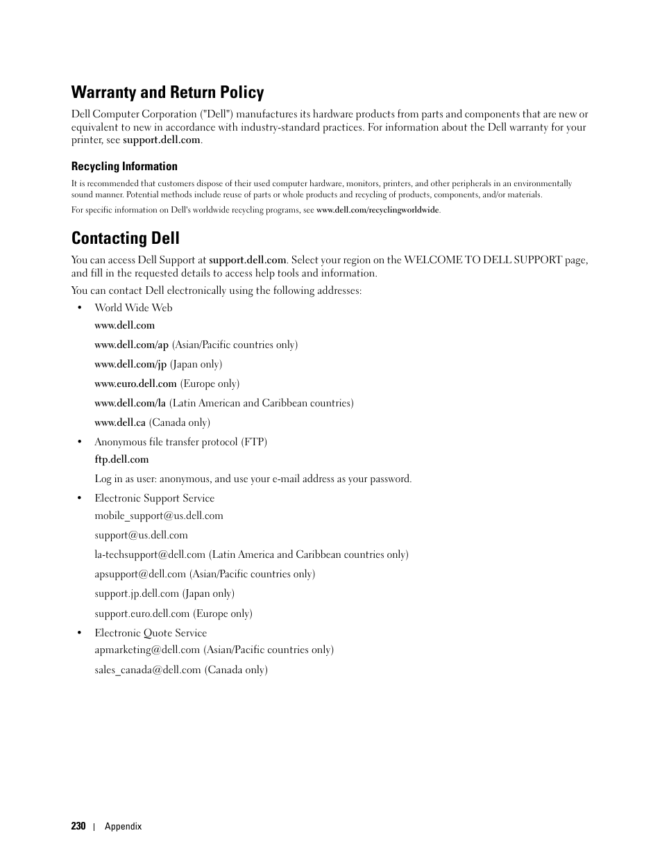 Warranty and return policy, Recycling information, Contacting dell | See "contacting | Dell C1760NW Color Laser Printer User Manual | Page 232 / 240