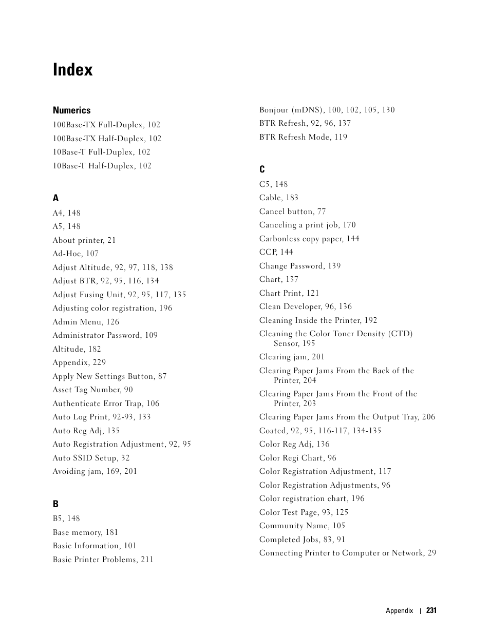 Index, Numerics | Dell C1760NW Color Laser Printer User Manual | Page 233 / 240