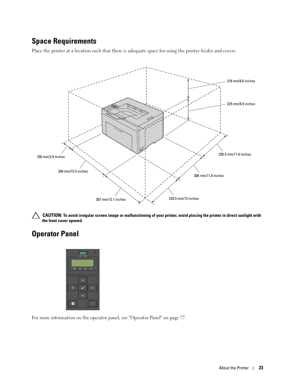 Space requirements, Operator panel | Dell C1760NW Color Laser Printer User Manual | Page 25 / 240