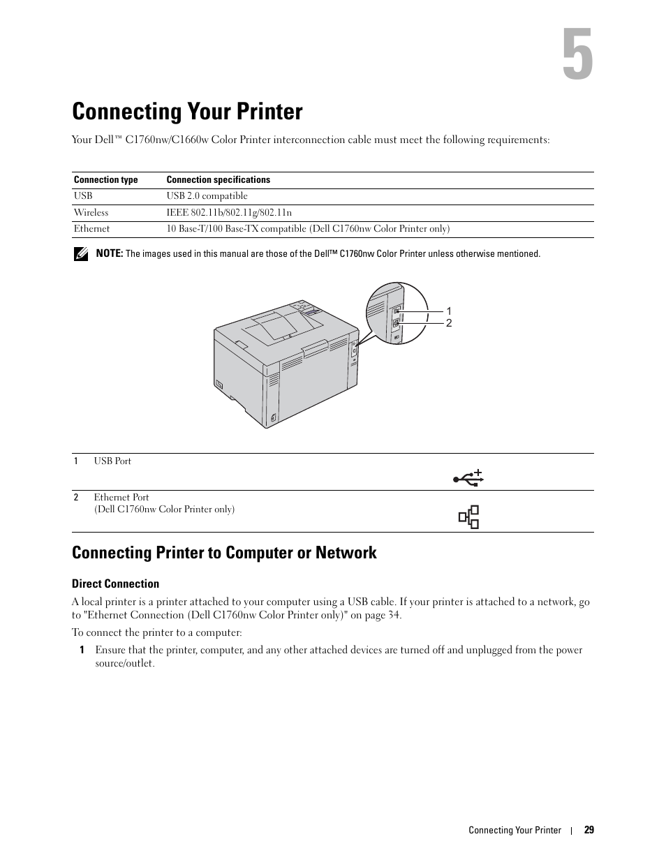 Connecting your printer, Connecting printer to computer or network, Direct connection | 5 connecting your printer | Dell C1760NW Color Laser Printer User Manual | Page 31 / 240