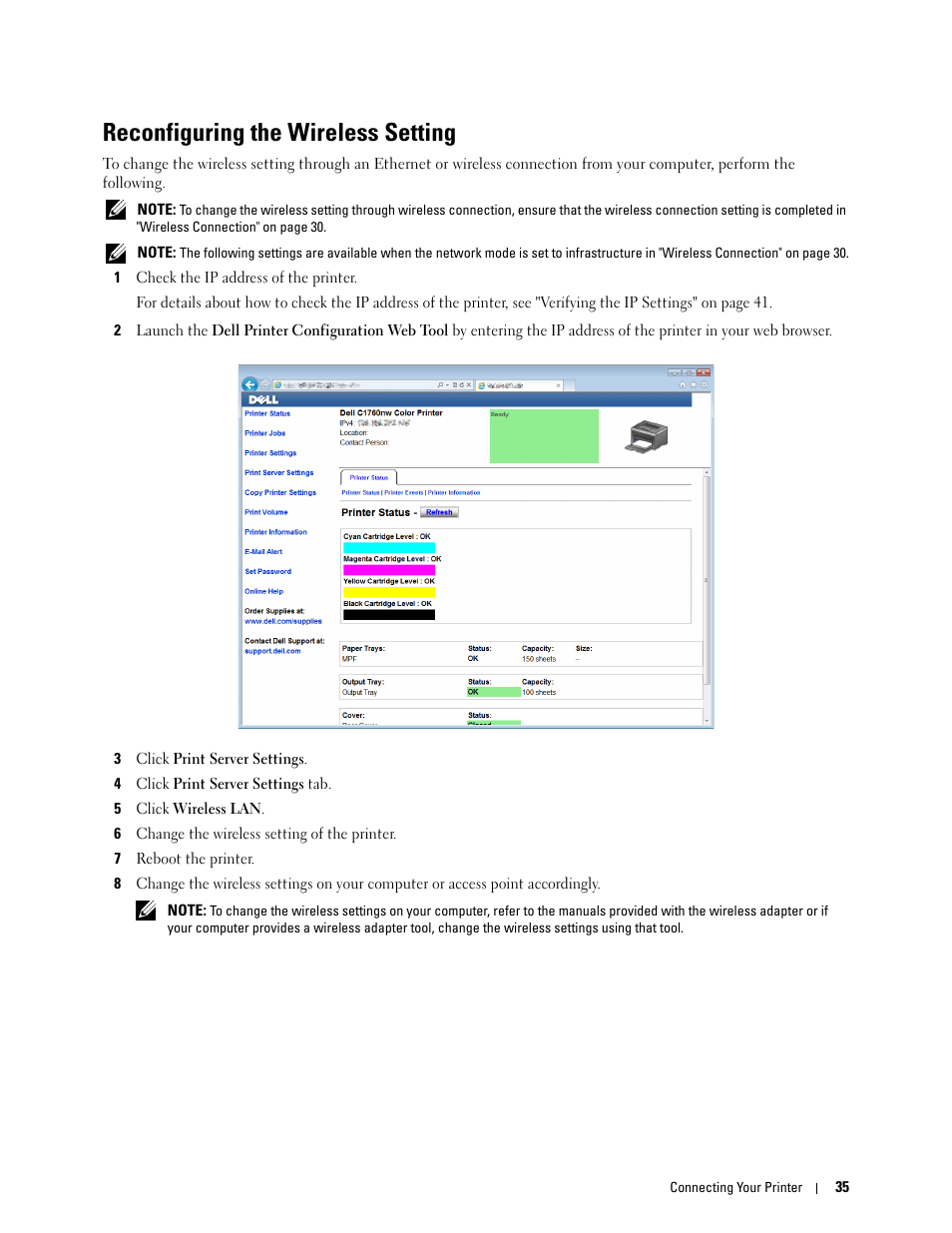 Reconfiguring the wireless setting | Dell C1760NW Color Laser Printer User Manual | Page 37 / 240