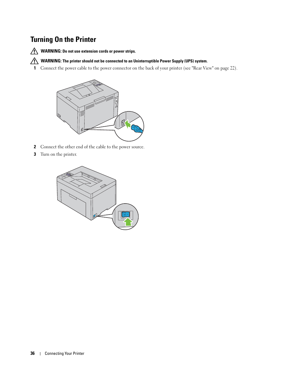 Turning on the printer | Dell C1760NW Color Laser Printer User Manual | Page 38 / 240