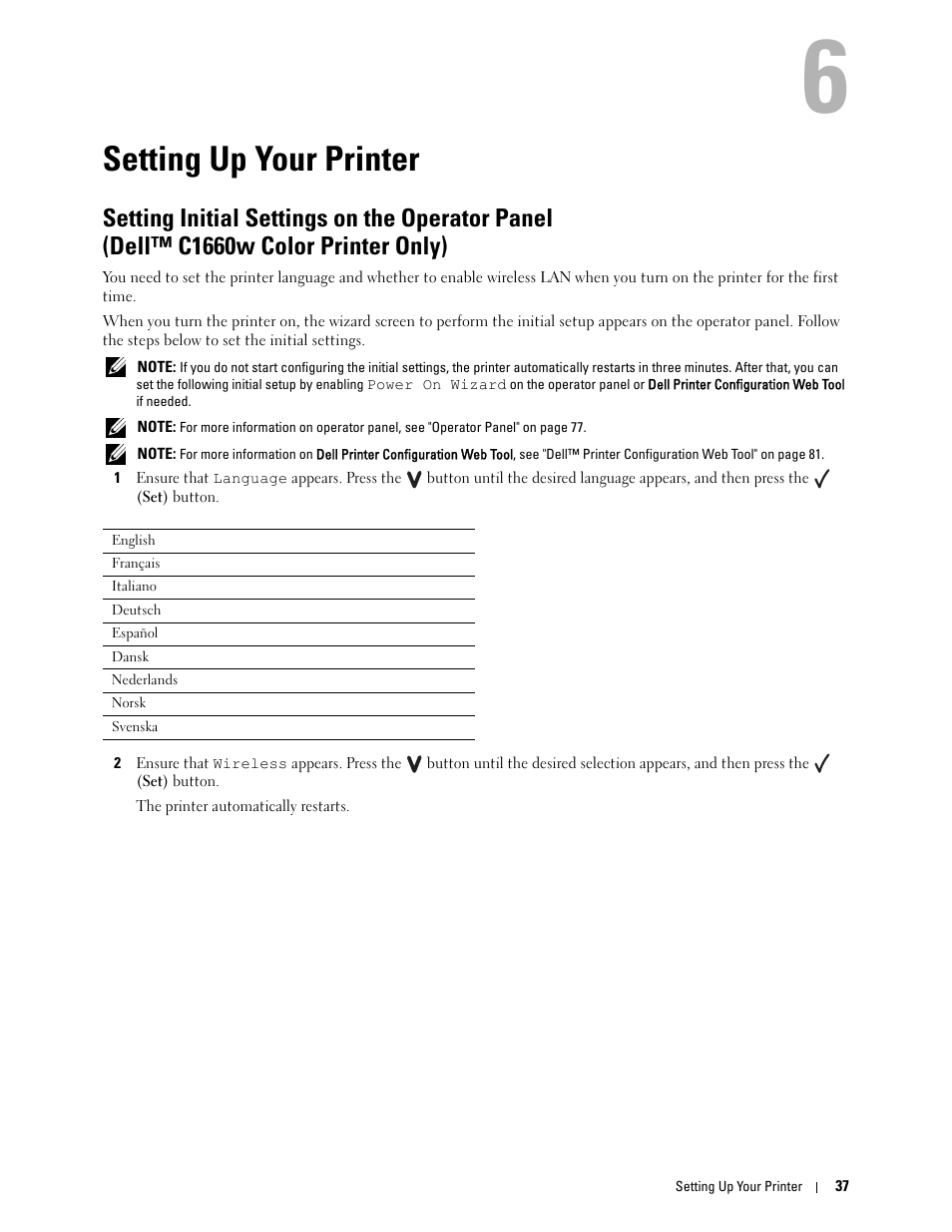 Setting up your printer, 6 setting up your printer | Dell C1760NW Color Laser Printer User Manual | Page 39 / 240