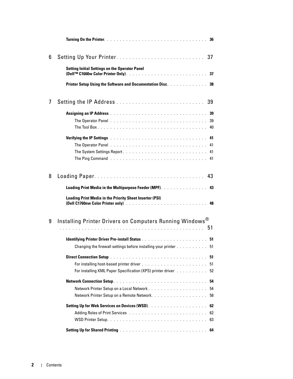 6 setting up your printer, 7 setting the ip address, 8 loading paper | Dell C1760NW Color Laser Printer User Manual | Page 4 / 240