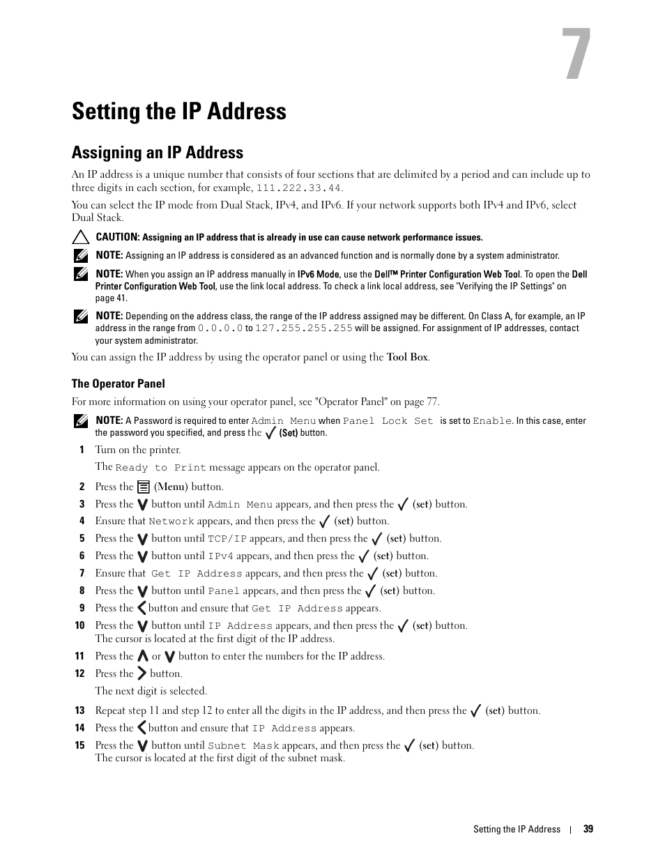 Setting the ip address, Assigning an ip address, The operator panel | 7 setting the ip address | Dell C1760NW Color Laser Printer User Manual | Page 41 / 240