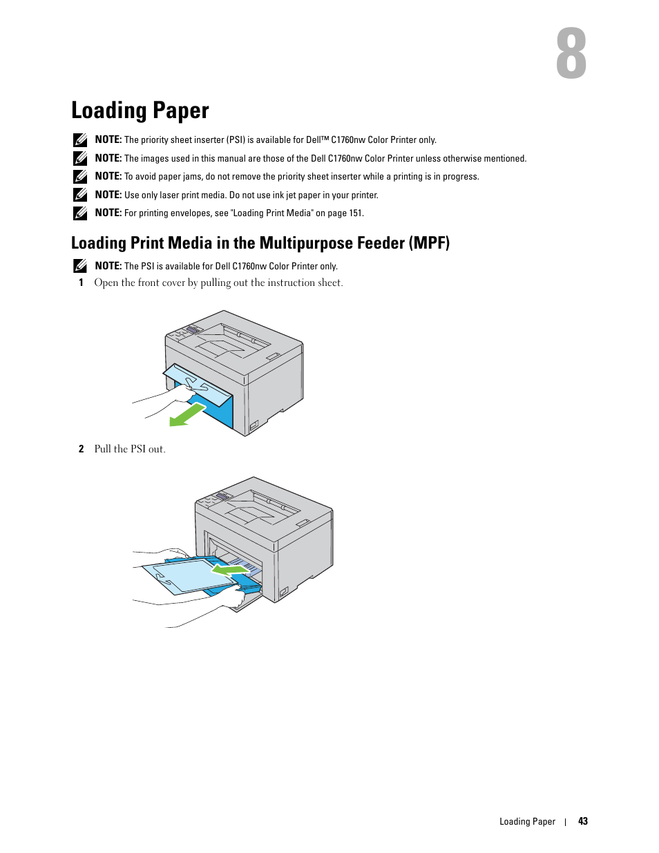 Loading paper, 8 loading paper | Dell C1760NW Color Laser Printer User Manual | Page 45 / 240