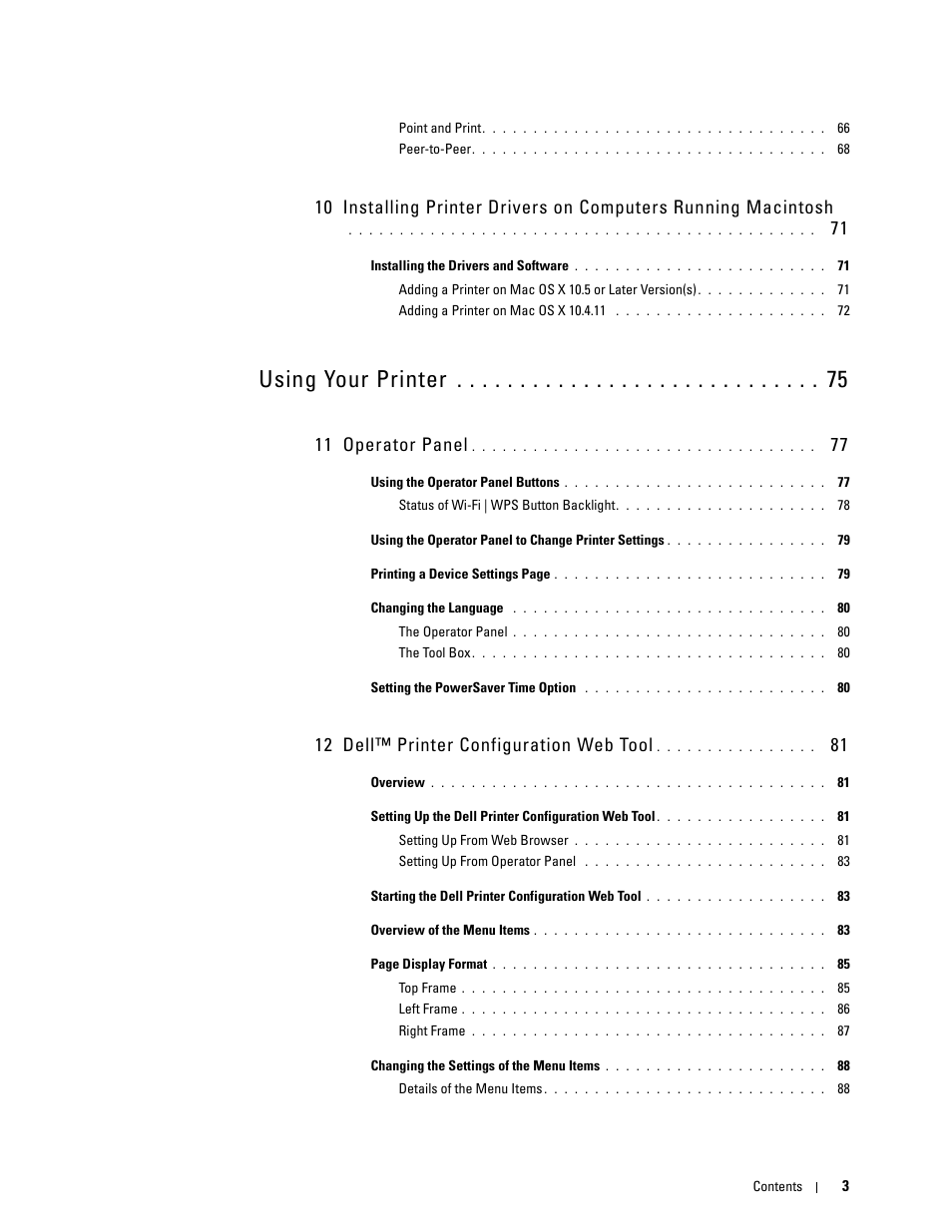 Using your printer, 11 operator panel, 12 dell™ printer configuration web tool | Dell C1760NW Color Laser Printer User Manual | Page 5 / 240