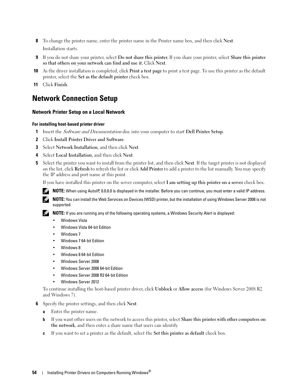 Network connection setup, Network printer setup on a local network | Dell C1760NW Color Laser Printer User Manual | Page 56 / 240