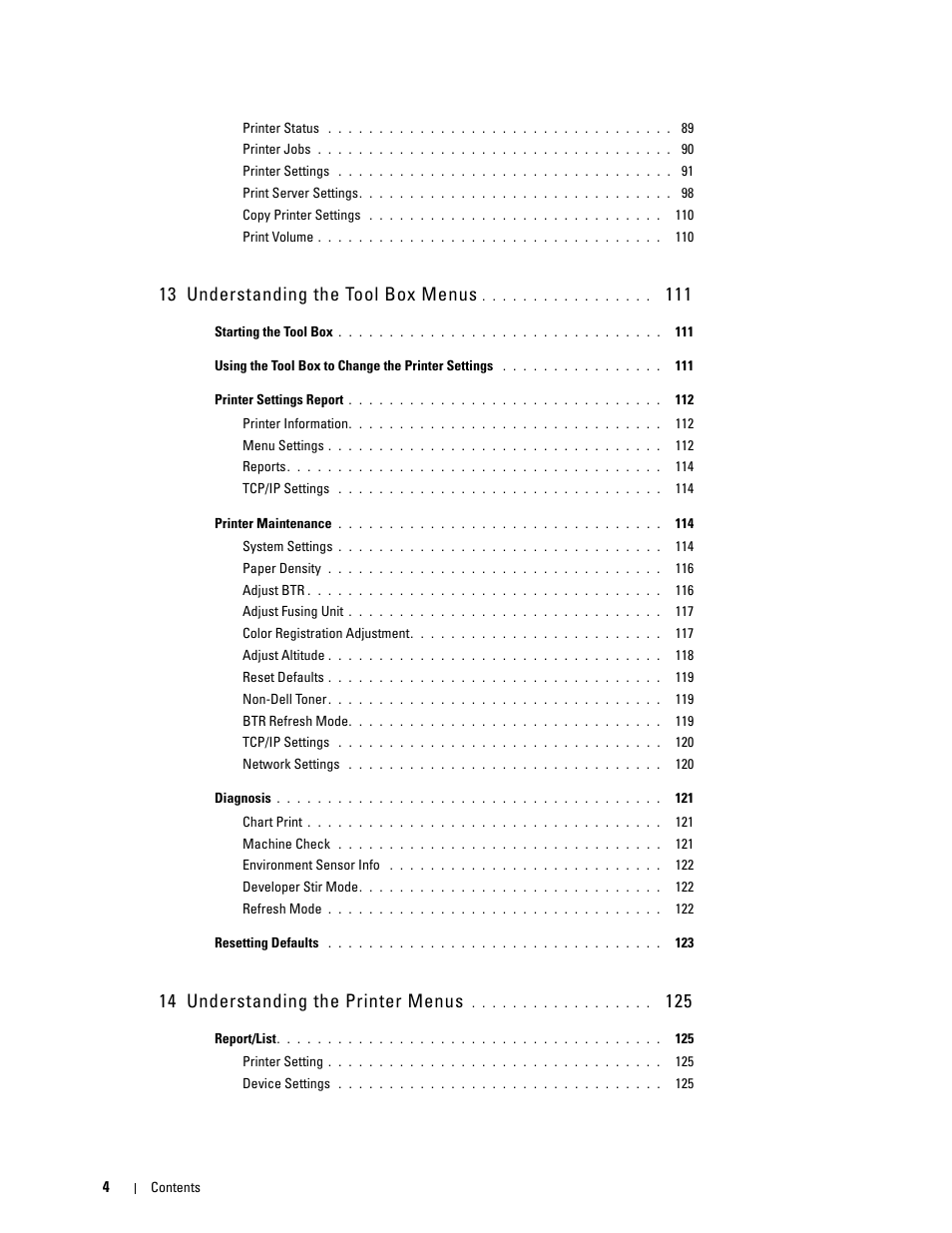 13 understanding the tool box menus, 14 understanding the printer menus | Dell C1760NW Color Laser Printer User Manual | Page 6 / 240