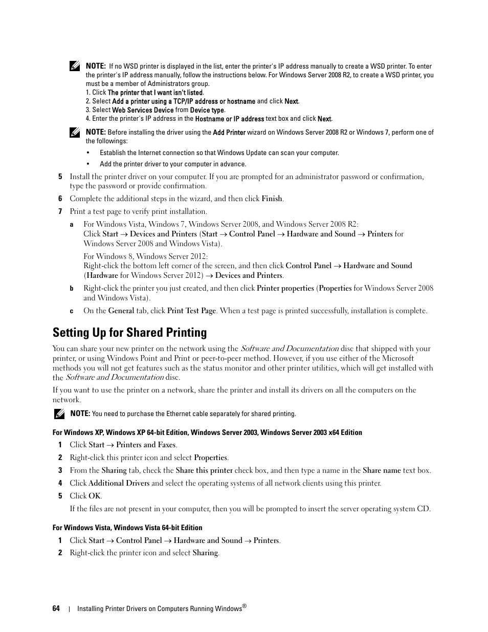 Setting up for shared printing | Dell C1760NW Color Laser Printer User Manual | Page 66 / 240