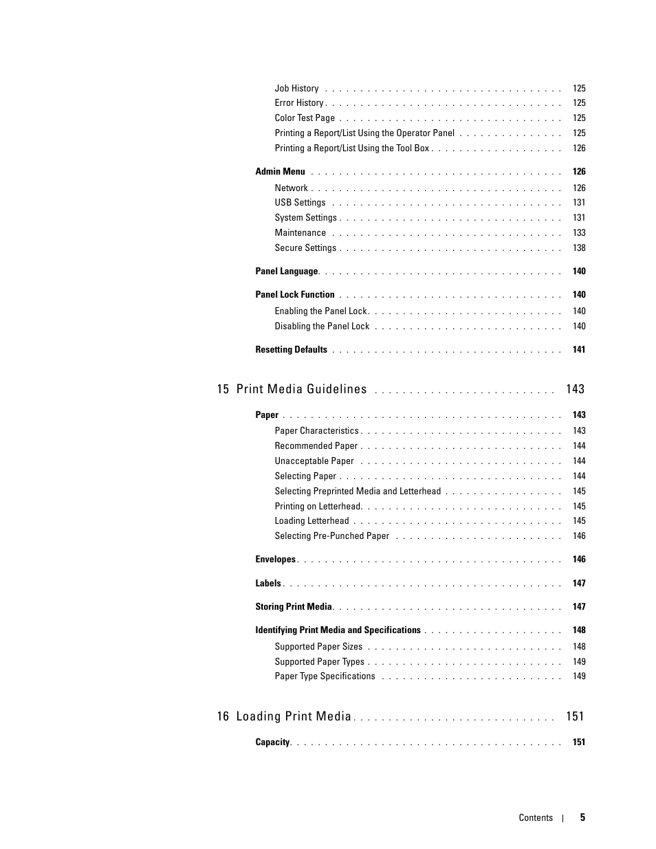 15 print media guidelines, 16 loading print media | Dell C1760NW Color Laser Printer User Manual | Page 7 / 240