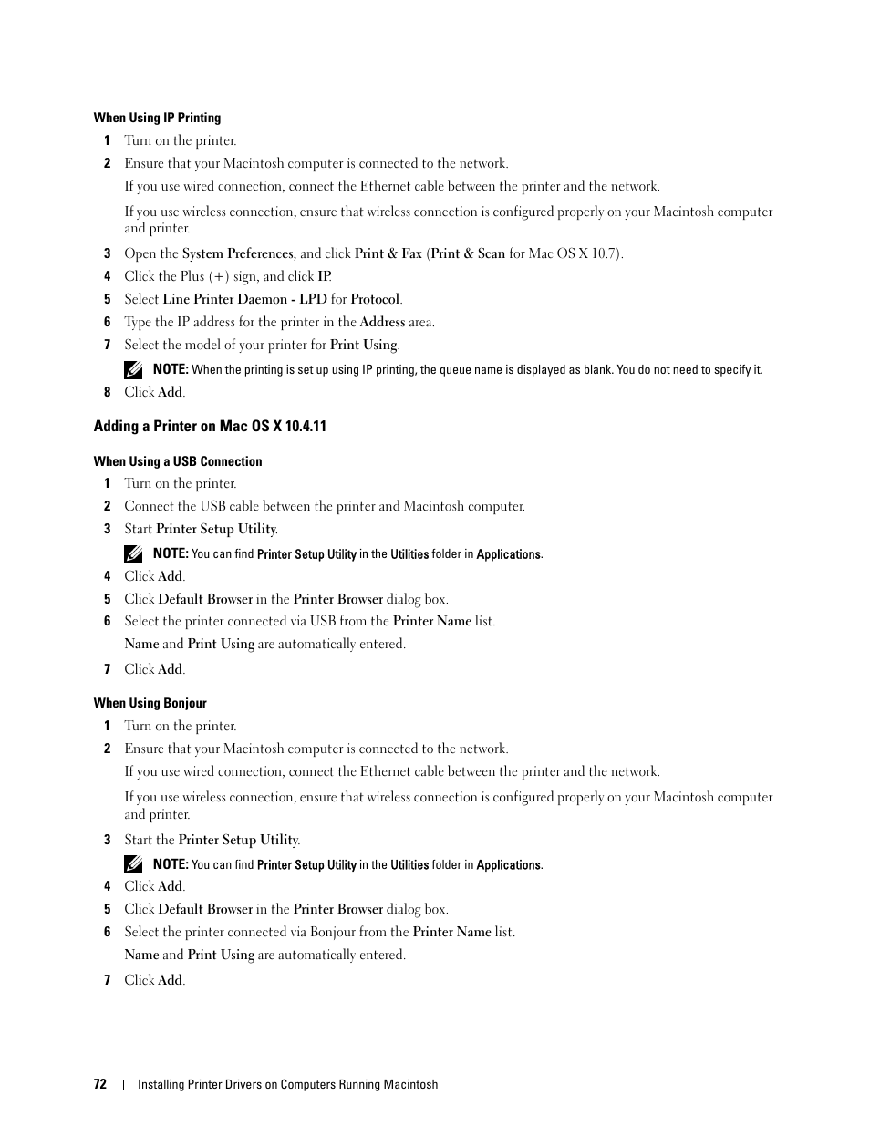 Adding a printer on mac os x 10.4.11 | Dell C1760NW Color Laser Printer User Manual | Page 74 / 240