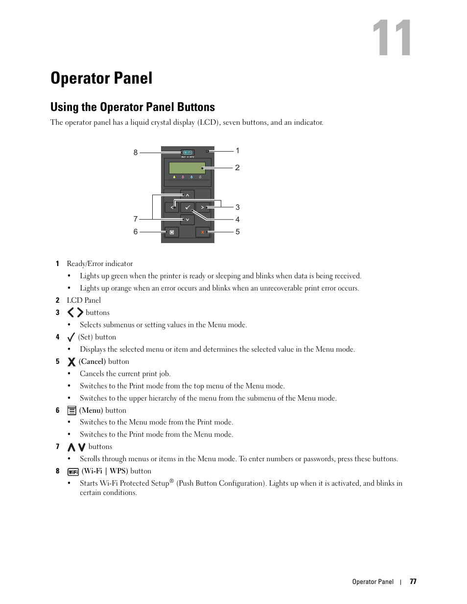 Operator panel, Using the operator panel buttons, 11 operator panel | Dell C1760NW Color Laser Printer User Manual | Page 79 / 240