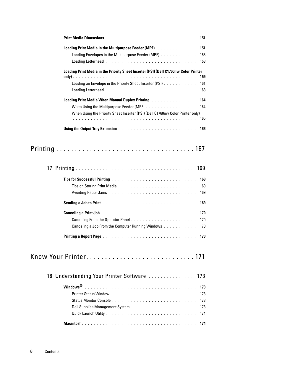 Printing, Know your printer, 17 printing | 18 understanding your printer software | Dell C1760NW Color Laser Printer User Manual | Page 8 / 240