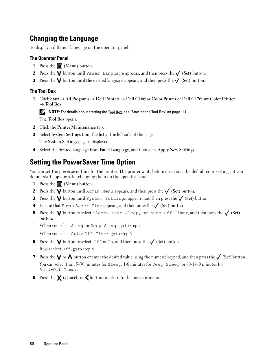 Changing the language, The operator panel, The tool box | Setting the powersaver time option | Dell C1760NW Color Laser Printer User Manual | Page 82 / 240