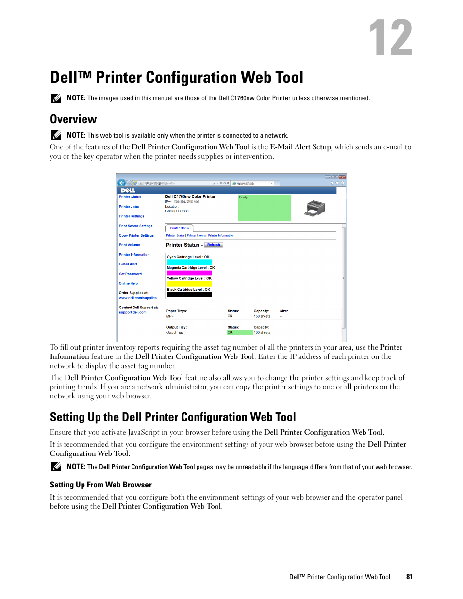 Dell™ printer configuration web tool, Overview, Setting up the dell printer configuration web tool | Setting up from web browser, 12 dell™ printer configuration web tool | Dell C1760NW Color Laser Printer User Manual | Page 83 / 240