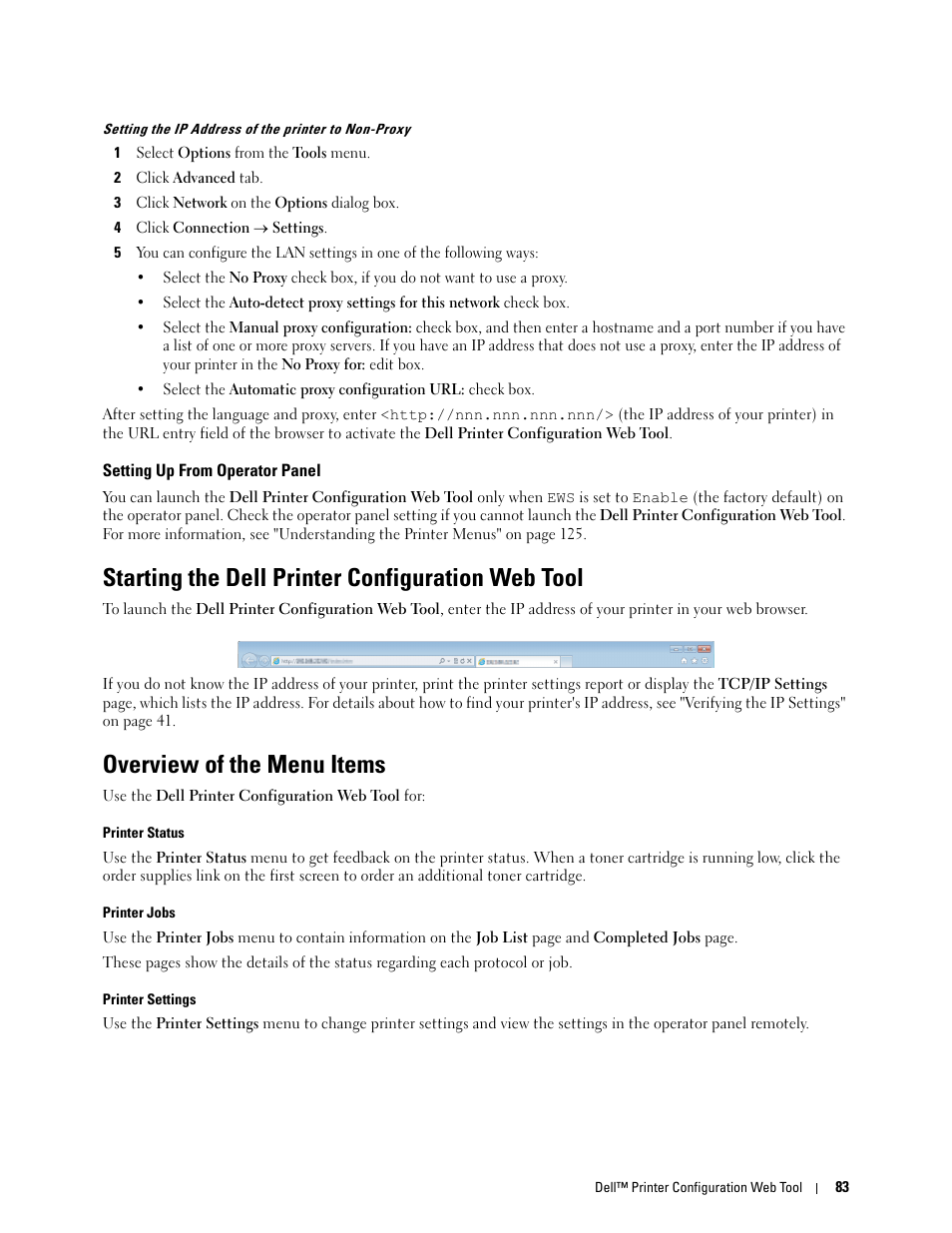 Setting up from operator panel, Starting the dell printer configuration web tool, Overview of the menu items | Dell C1760NW Color Laser Printer User Manual | Page 85 / 240