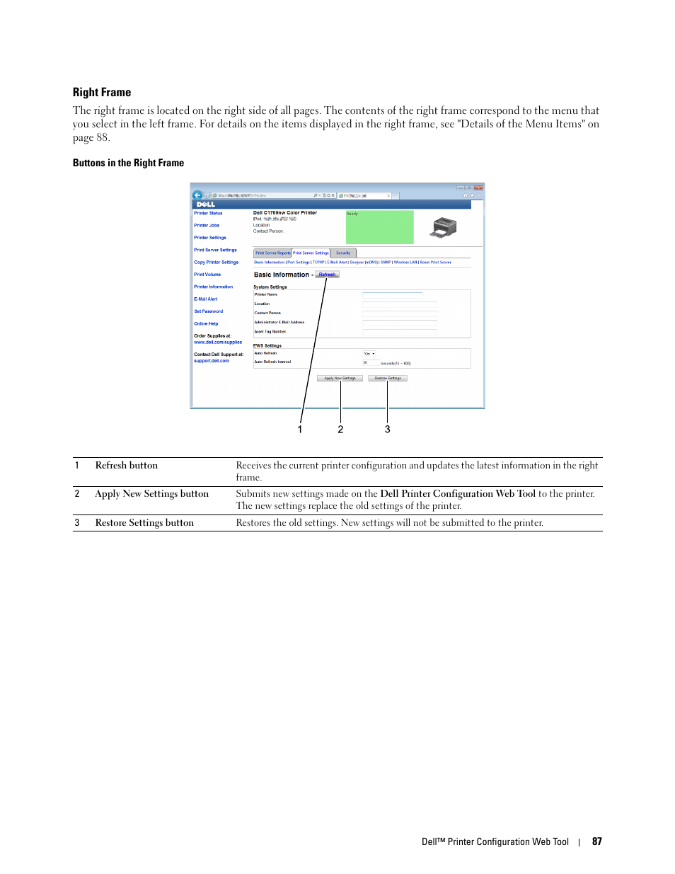 Right frame | Dell C1760NW Color Laser Printer User Manual | Page 89 / 240