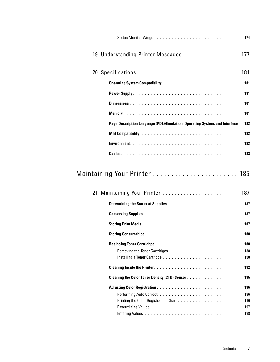 Maintaining your printer, 19 understanding printer messages, 21 maintaining your printer | Dell C1760NW Color Laser Printer User Manual | Page 9 / 240