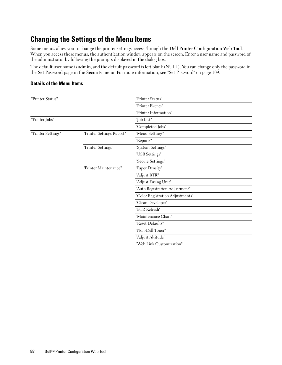 Changing the settings of the menu items, Details of the menu items | Dell C1760NW Color Laser Printer User Manual | Page 90 / 240